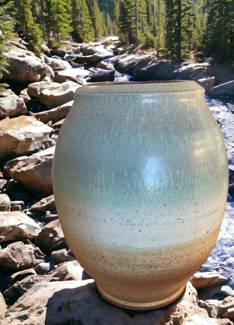 Wheel-Thrown Pottery Art Piece/Vase- Beautiful Earth Tones- Sunset Sky Blue, Creams and Browns, Dimensions: 13h"x10w"