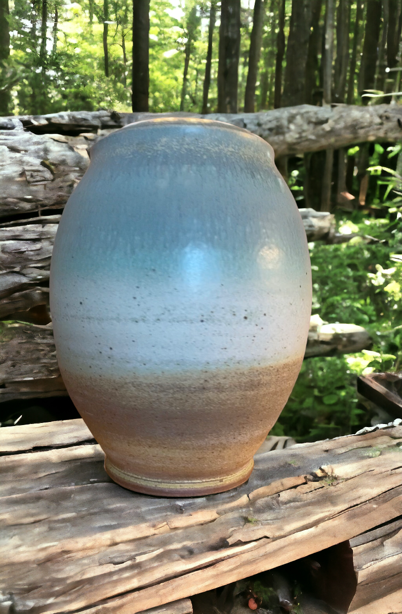 Wheel-Thrown Pottery Art Piece/Vase- Beautiful Earth Tones- Sunset Sky Blue, Creams and Browns, Dimensions: 13h"x10w"