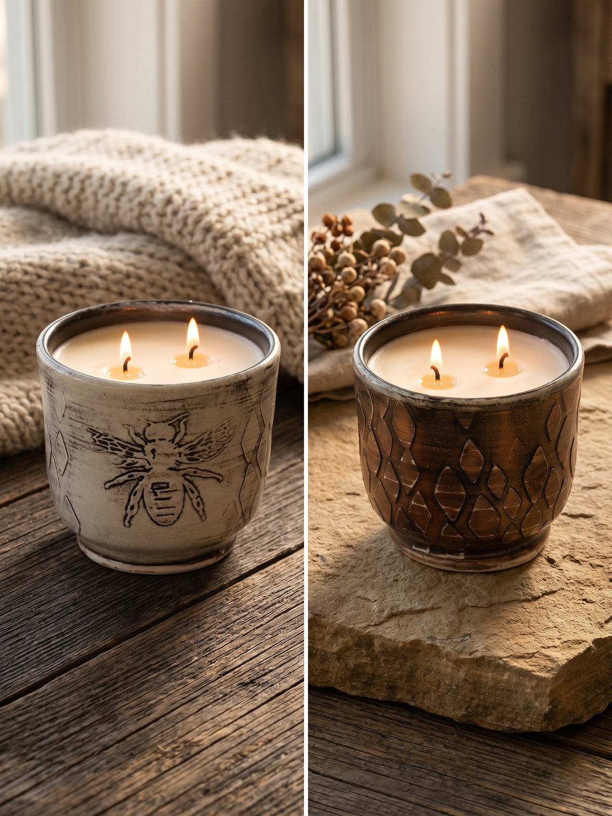 Honeybee Diamond Pattern Brown/Cream, 2 Wick 11oz Soy Wax Orange Sunrise, Pottery Candle Vessel
