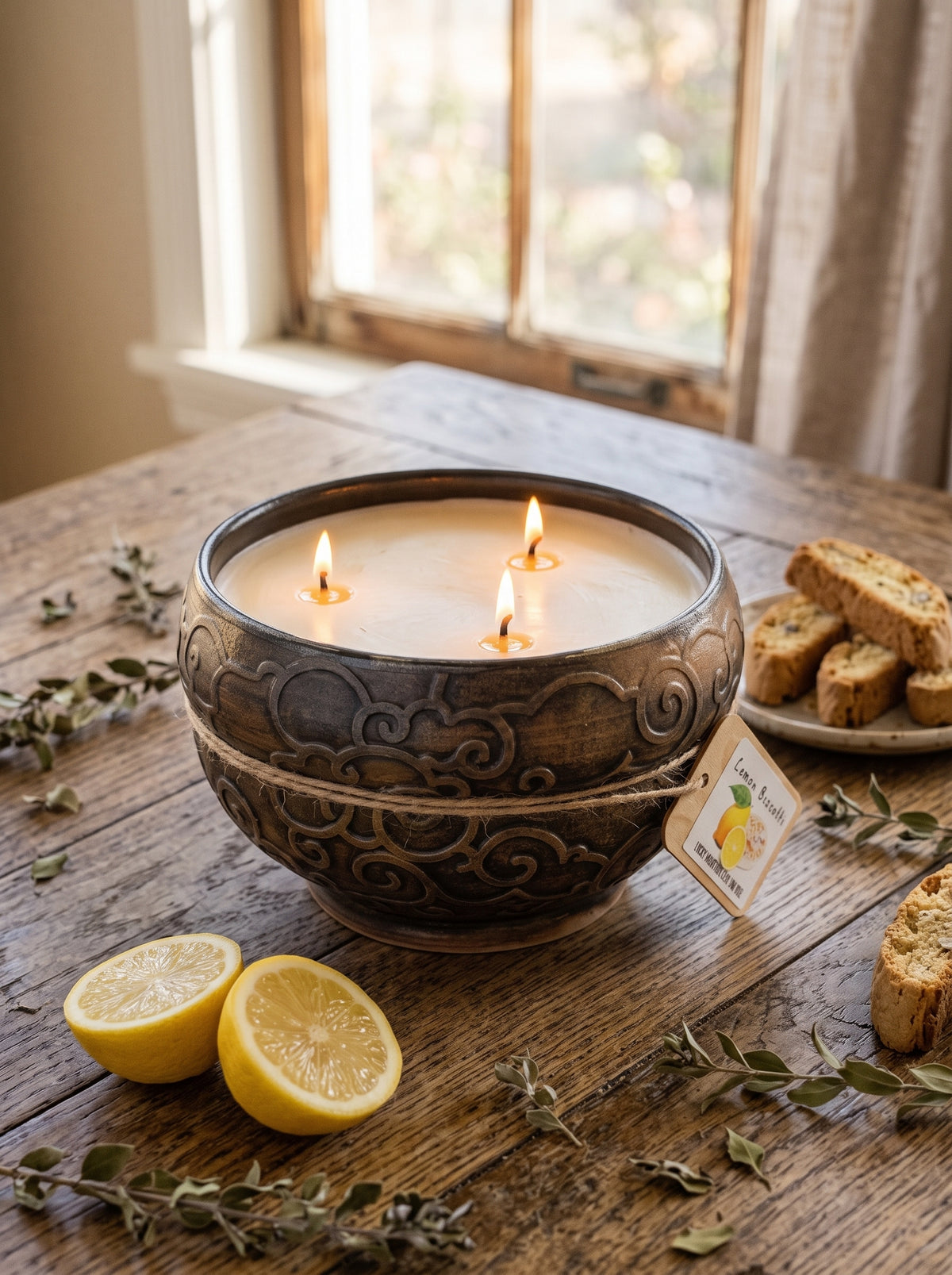 Sandblasted Asian Clouds, 3 Wick 18oz Soy Wax Lemon Biscotti, Pottery Vessel Candle