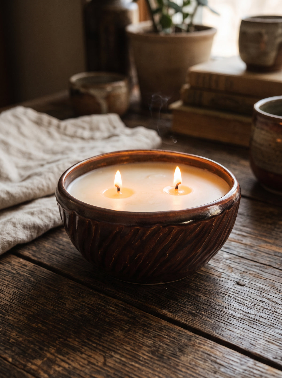 Deep Brown Bowl, 2 Wicks 15oz Soy Wax The Tides "Beachy" Fragrance, Pottery Candle Vessel
