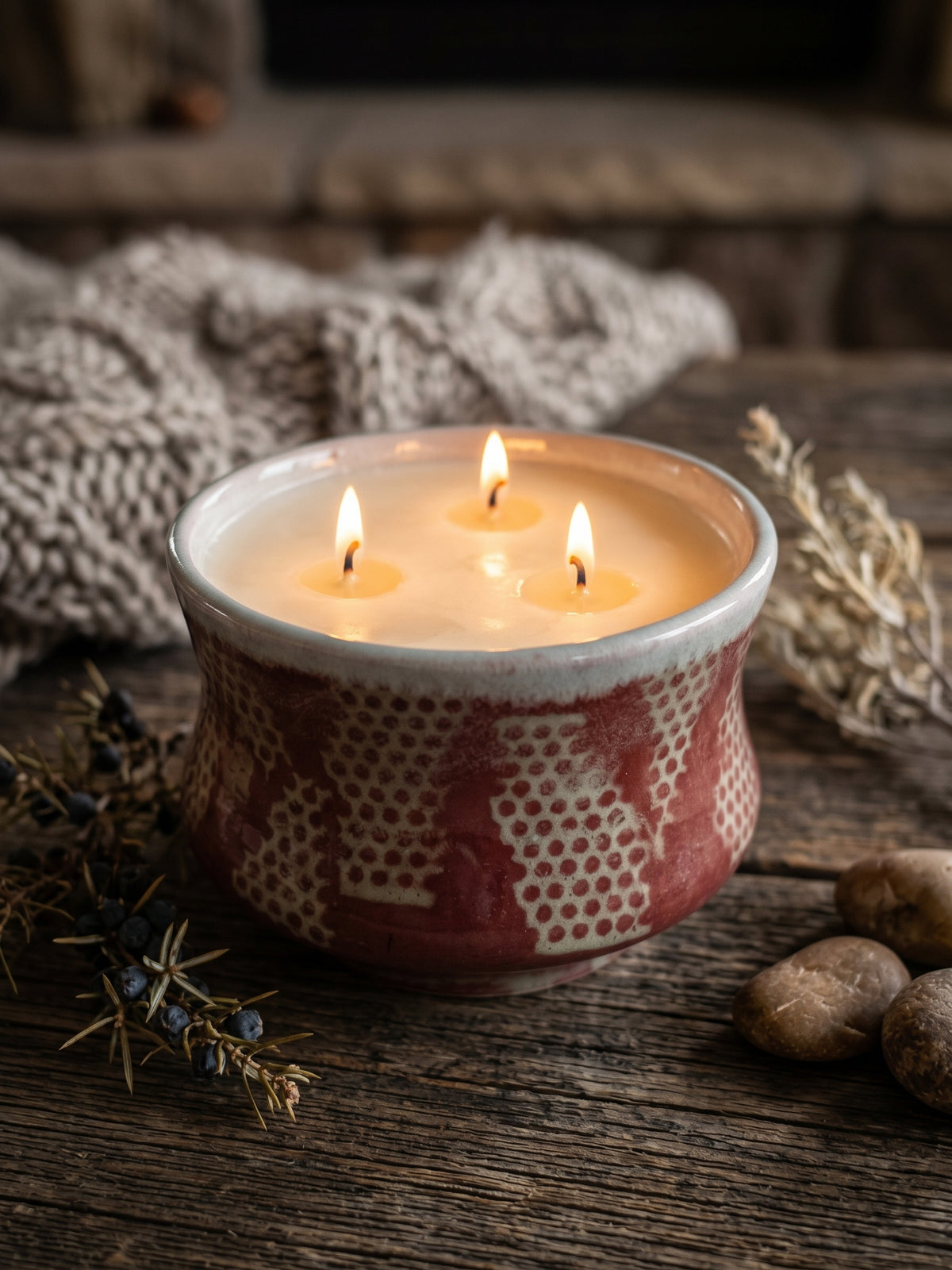 Red and Gray Dot Pattern, 3 wick 15.5oz Soy Wax Desert Frost, Pottery Vessel Candle