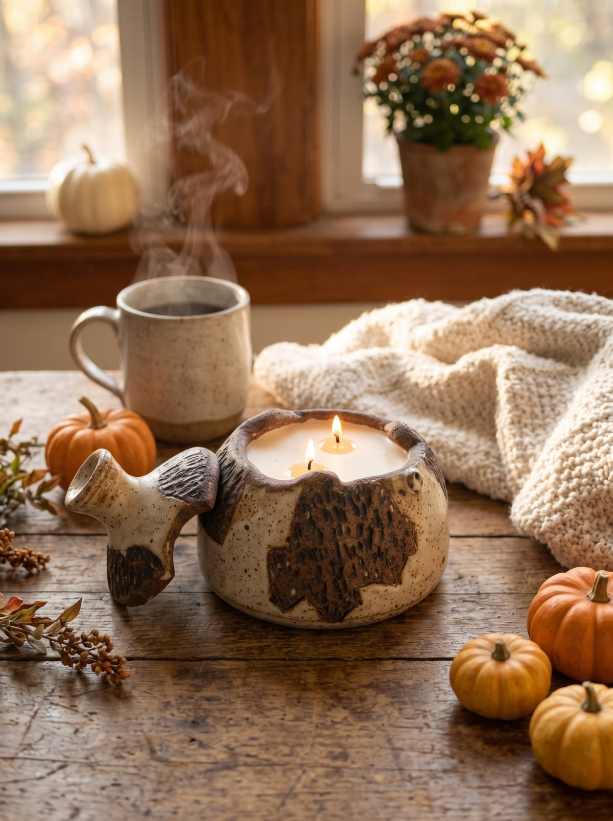 Lidded Rustic Bowl, 2 Wick 14oz Soy Wax Pumpkin Marshmallow, Pottery Vessel Candle