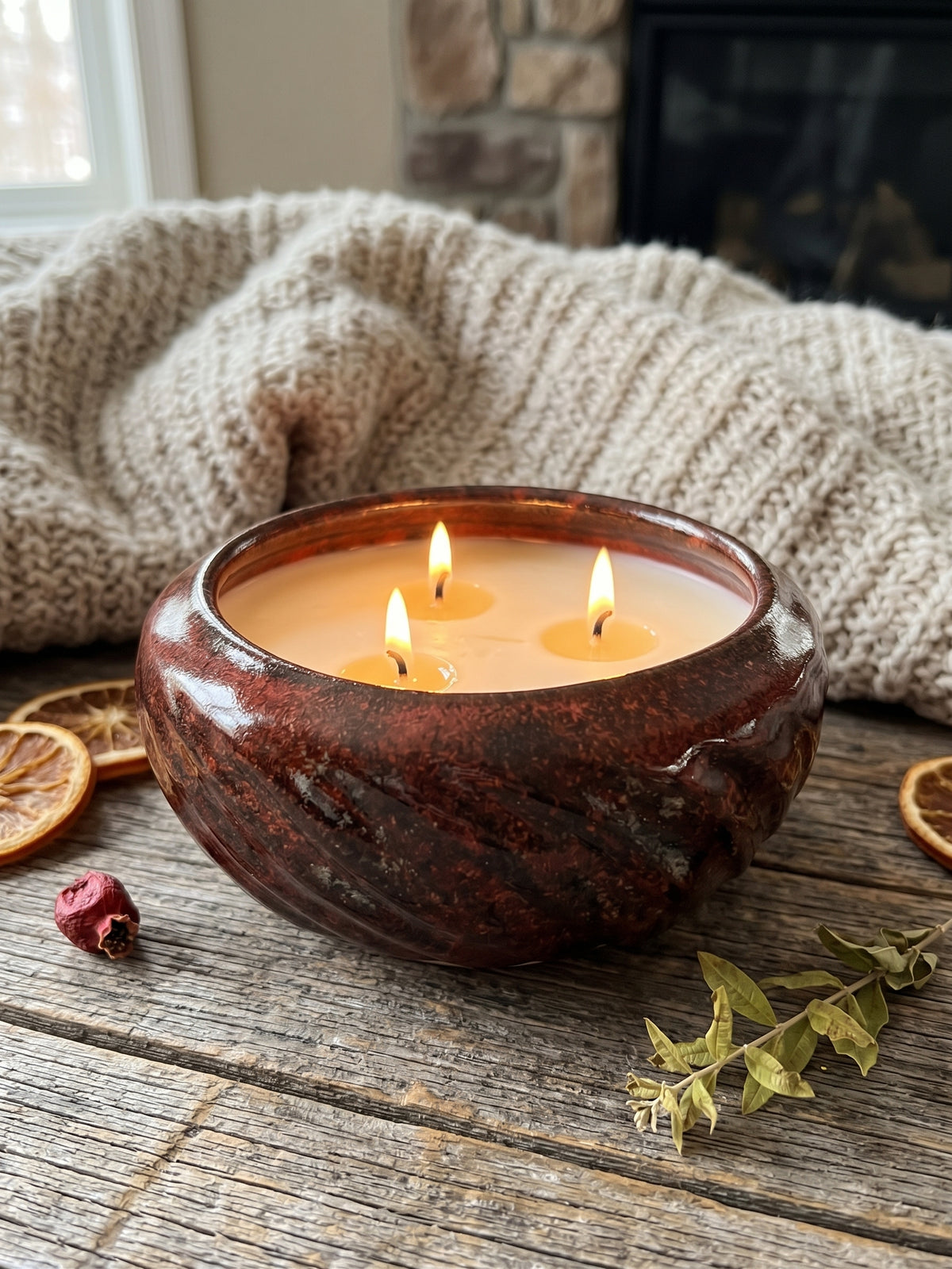 Red w Black Bowl, 3 Wick 12oz Soy Wax Orange Sunrise, Pottery Candle Vessel