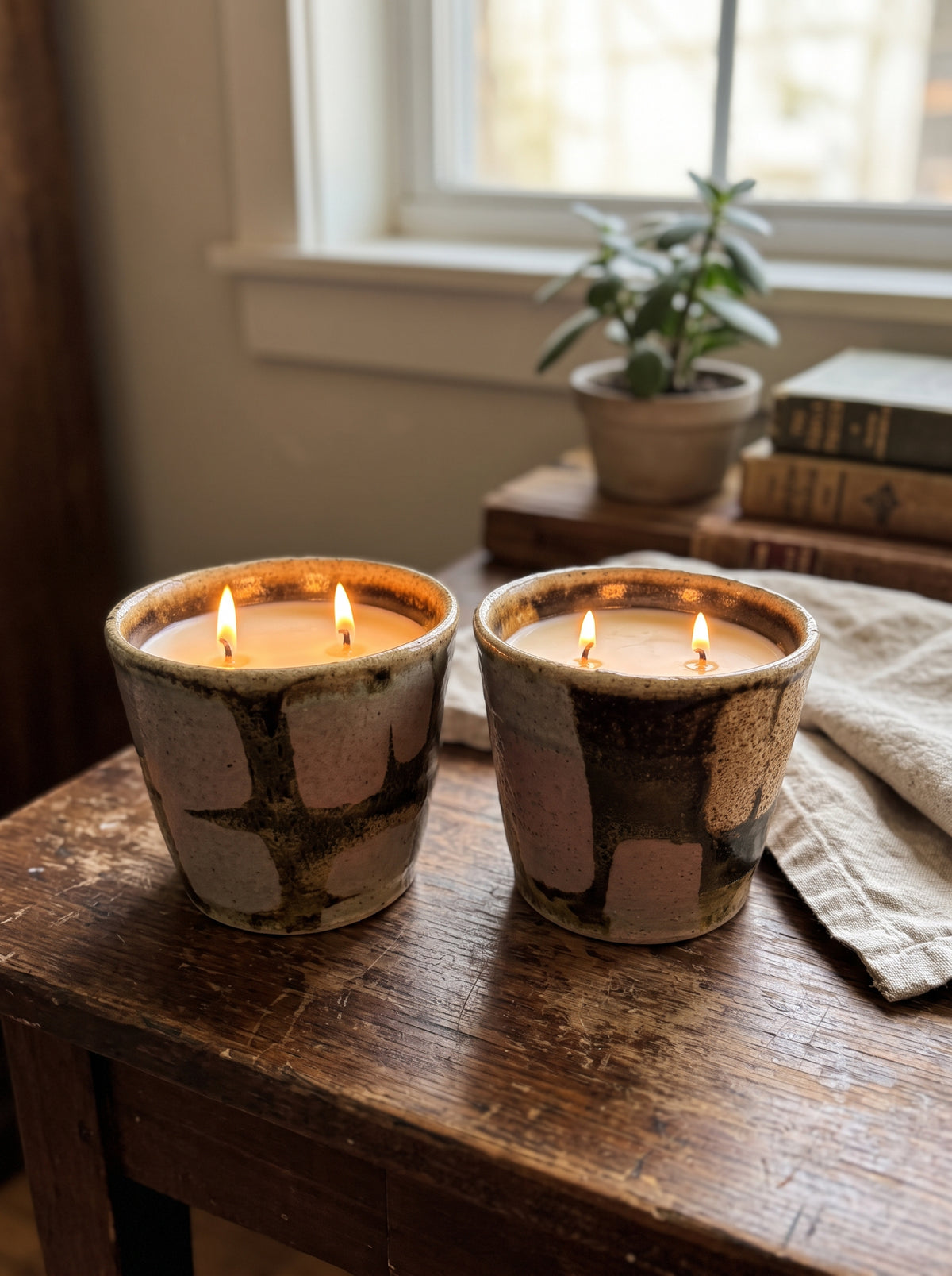 Multi Block Color, 2 Wick 18oz Soy Wax The Tides "Beachy" Fragrance, Pottery Vessel Candle