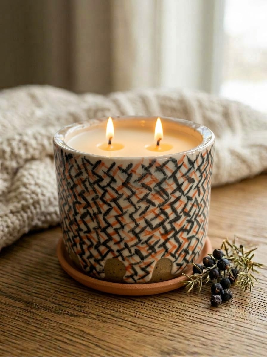 Whimsical Orange Black and Cream, 2 wick 15oz Soy Wax Desert Frost, Pottery Vessel Candle