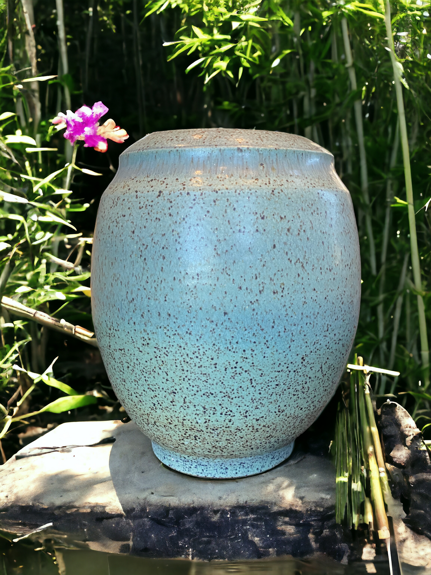 Wheel-Thrown Pottery Art Piece- Speckled Green/Blue, Earth Tone Pot, Dimensions: 11h"x8.5w"