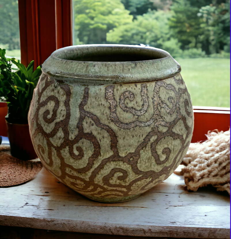 Wheel-Thrown Pottery Art Piece- Glazed and Fired Asian Cloud Design- Rich Brown and Emerald Green, Dimensions: 7.5h"x8w"