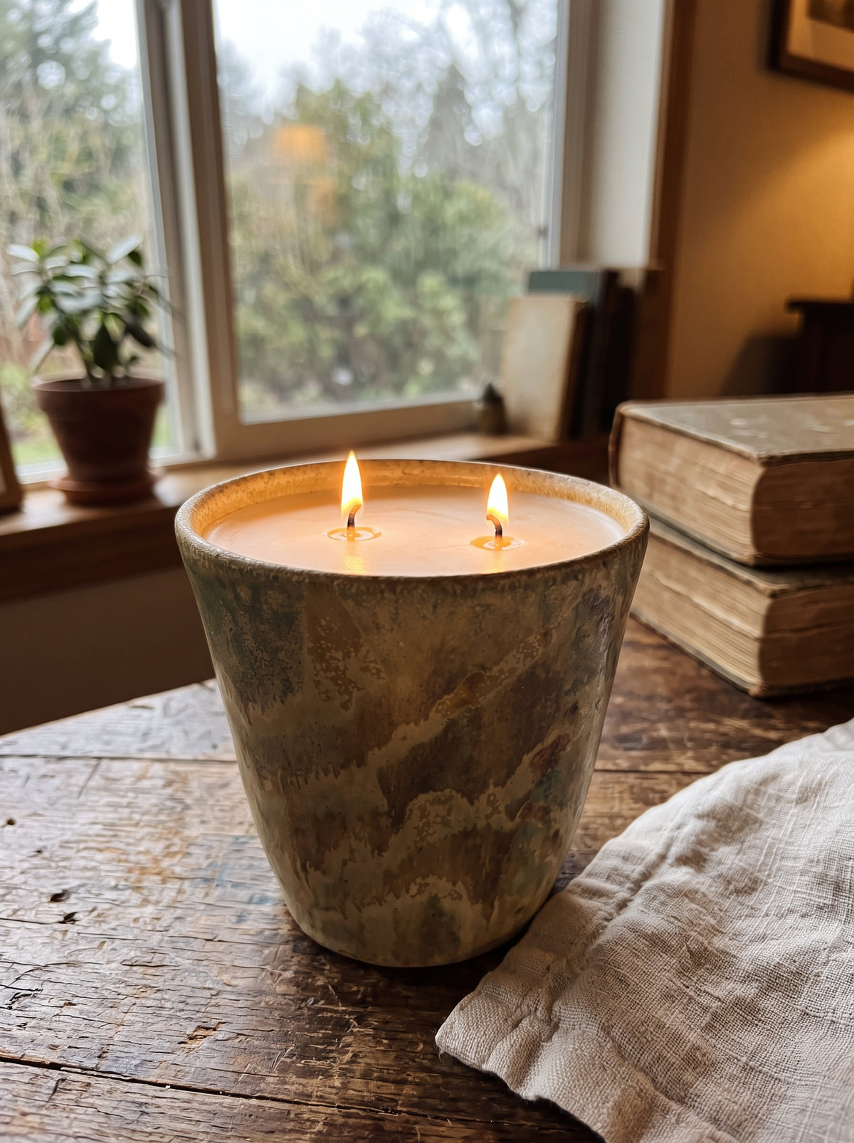 Earth-Toned Swirled Glaze Tall Pot, 2 Wick, 15oz Soy Wax, Orange Cranberry, Pottery Vessel Candle