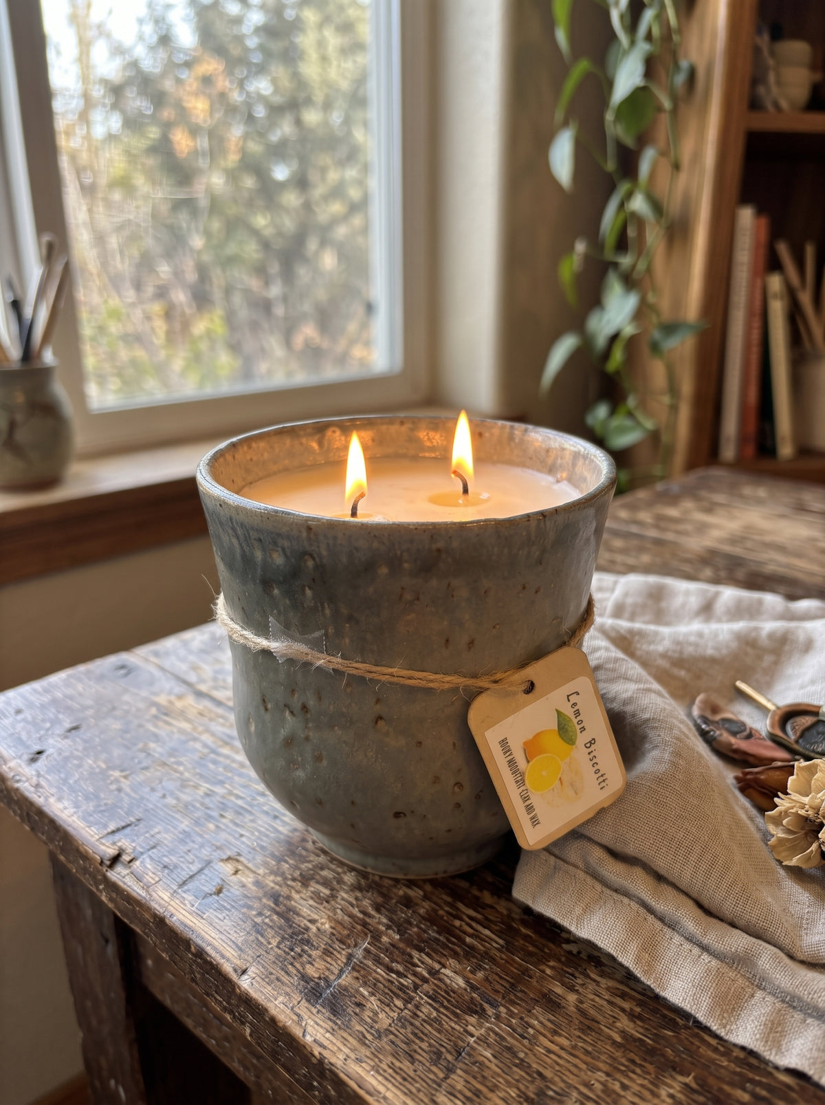 Textured Grey-Green Pot, 2 Wick, 13oz Soy Wax, Lemon Biscotti, Pottery Vessel Candle