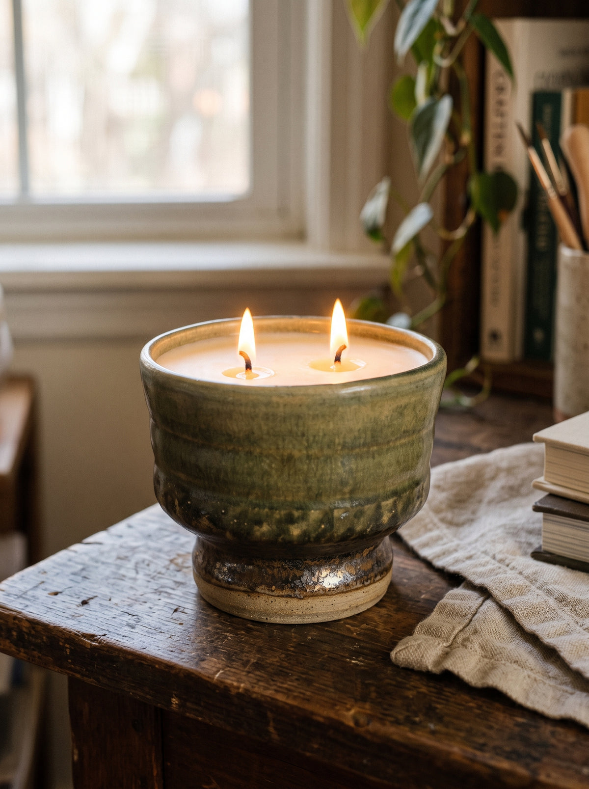 Earthy Green Ridged Pedestal Pot, 2 Wick, 9oz Soy Wax, Orange Cranberry, Pottery Vessel Candle