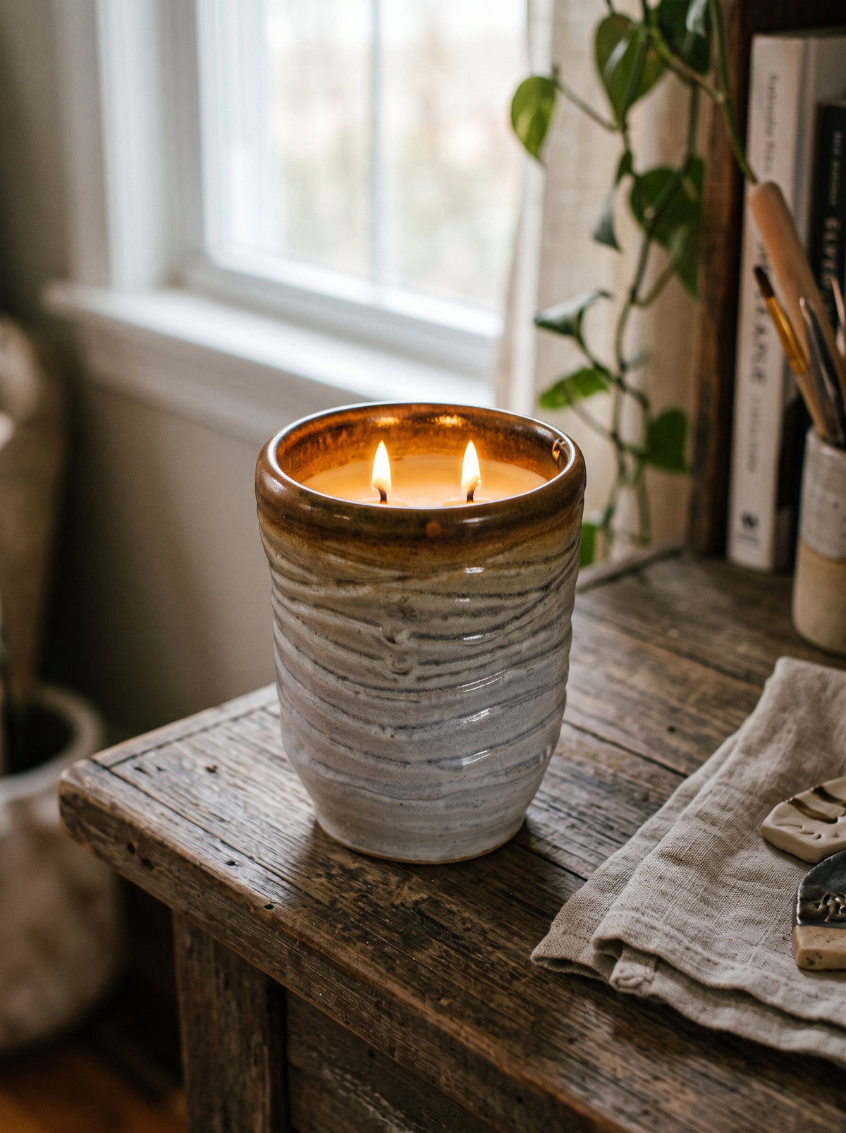 Tall Ribbed Pale Grey and Amber Pot, 2 Wick, 12oz Soy Wax, Sweet Spring, Pottery Vessel Candle