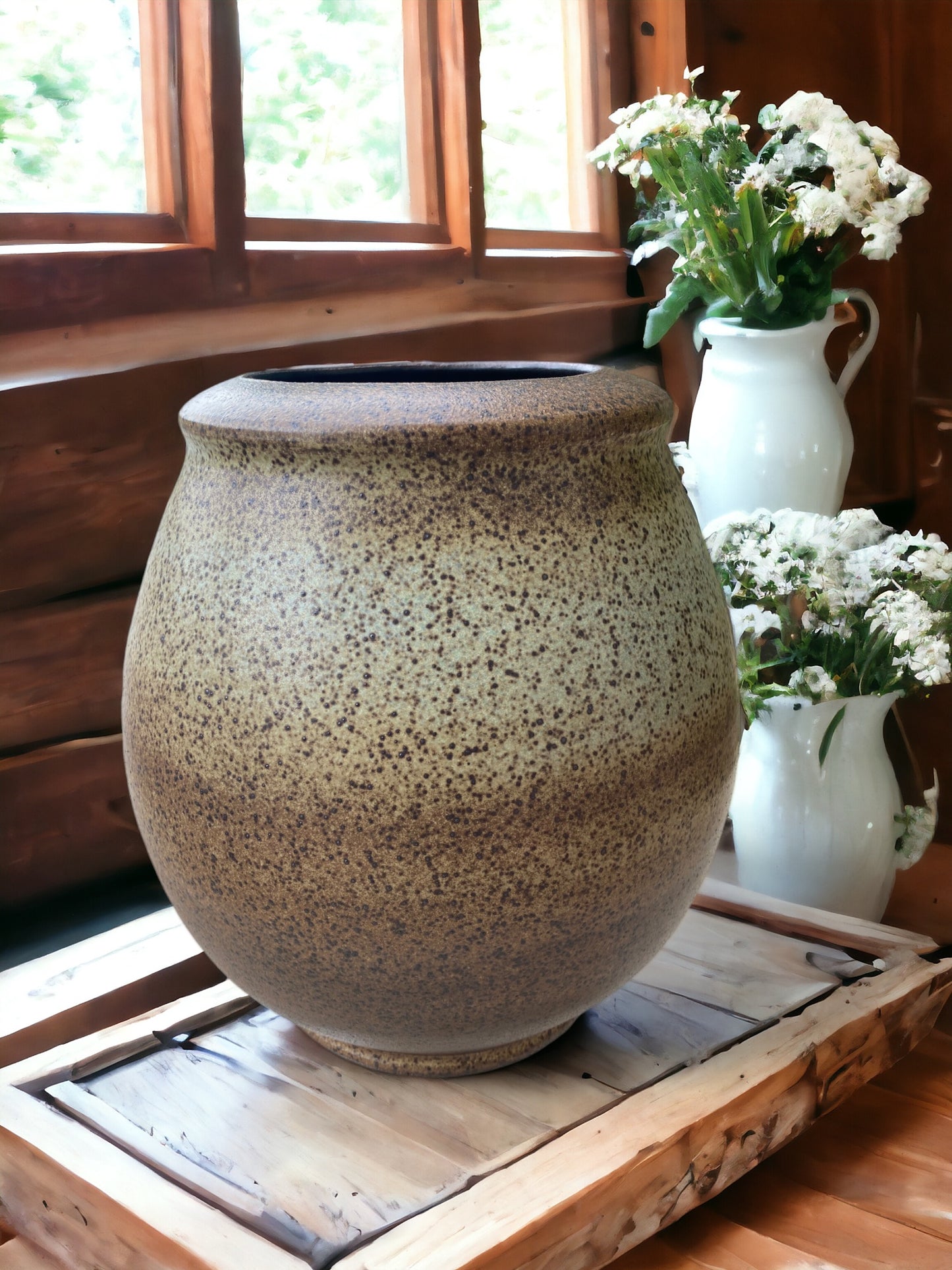 Wheel-Thrown Pottery Art Piece- Multiple Shades of Brown, Cream with a Beautiful Hint of Green, with Dark Streaks and Speckles, Dimensions: 11h"x9.25w"