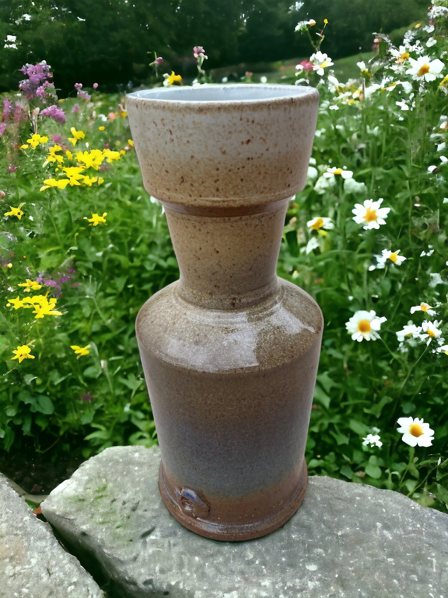 Wheel-Thrown Pottery Art Piece Decor/Vase- Speckled, Cream & Shades of Warm Brown, w/ hues of purple/gray/blue Vase, Dimensions: 11.5h"x4.5w"