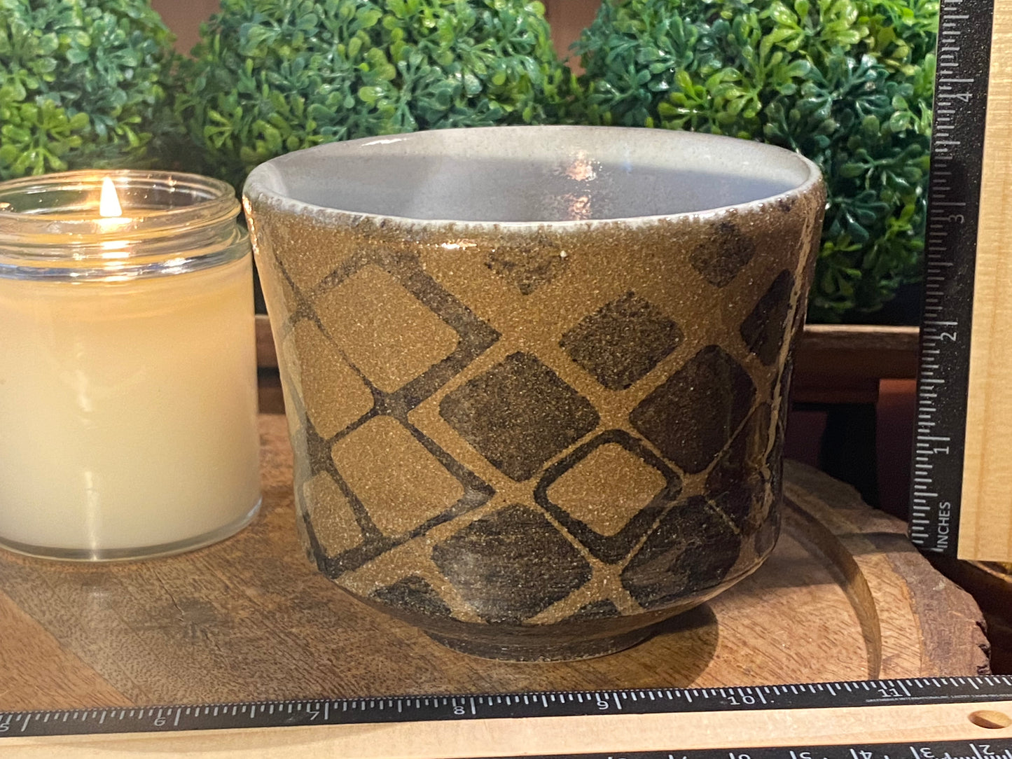 Handcrafted, Wheel-Thrown Container Candle- Large Black/Brown Vessel w Glazed Diamond Pattern- 11oz Luxury, Long-Burning Soy Wax- Phthalate Free Fragrance