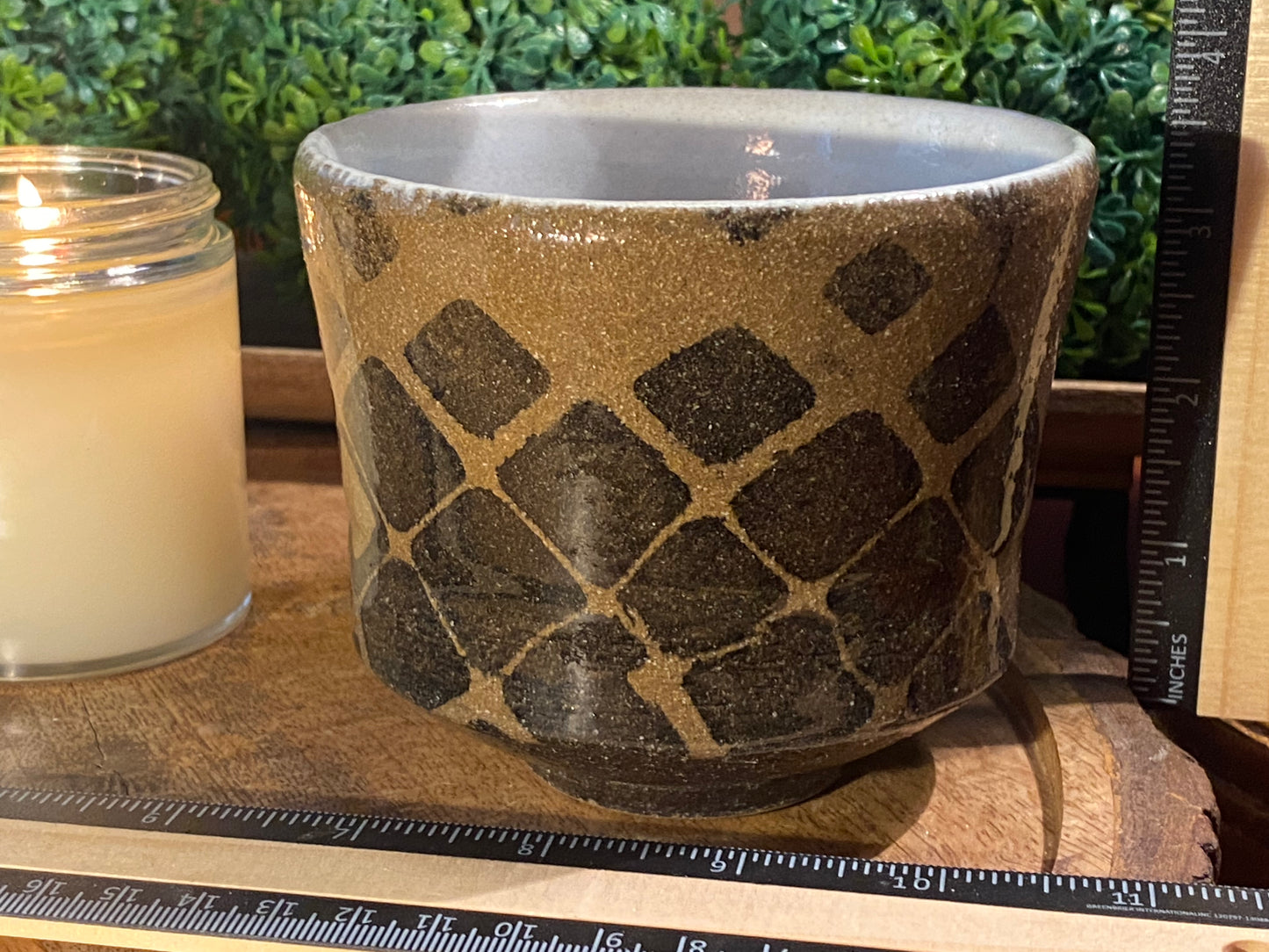 Handcrafted, Wheel-Thrown Container Candle- Large Black/Brown Vessel w Glazed Diamond Pattern- 11oz Luxury, Long-Burning Soy Wax- Phthalate Free Fragrance