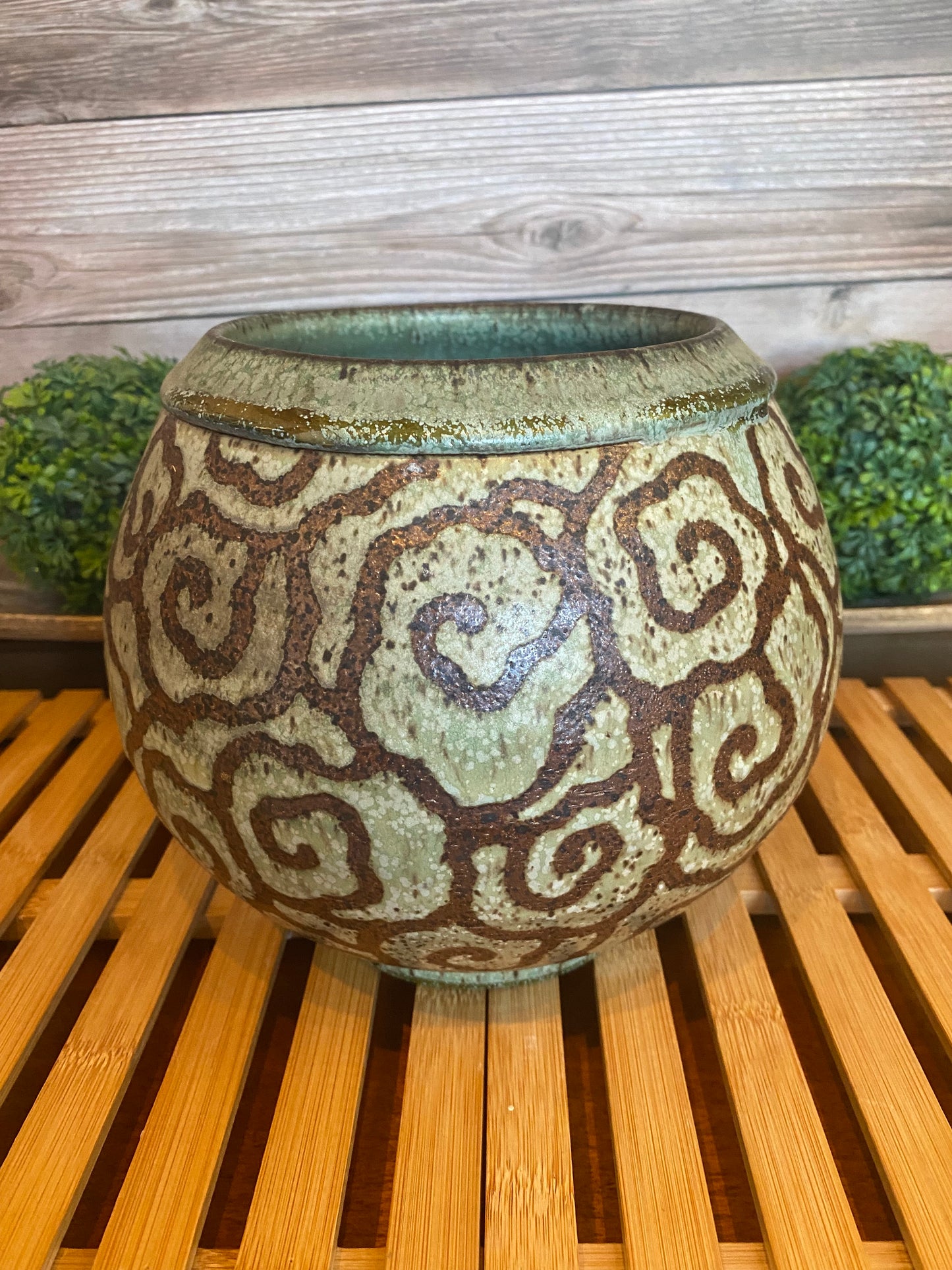 Wheel-Thrown Pottery Art Piece- Glazed and Fired Asian Cloud Design- Rich Brown and Emerald Green, Dimensions:  7.5h"x8w"