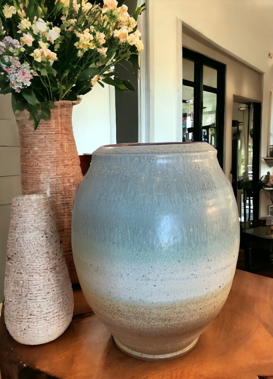 Wheel-Thrown Pottery Art Piece/Vase- Beautiful Earth Tones- Sunset Sky Blue, Creams and Browns, Dimensions:  13h"x10w"