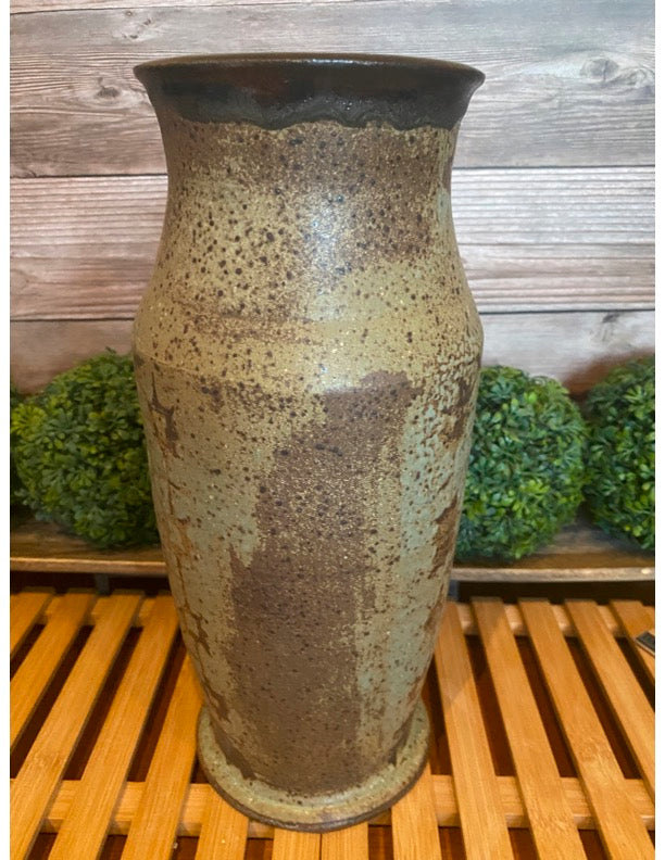 Wheel-Thrown Pottery Art Piece- Speckled Browns, Green/Blue, Earth Tone Vase, Dimensions:  11.5h"x5w"