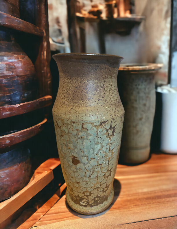 Wheel-Thrown Pottery Art Piece- Speckled Browns, Green/Blue, Earth Tone Vase, Dimensions:  11.5h"x5w"