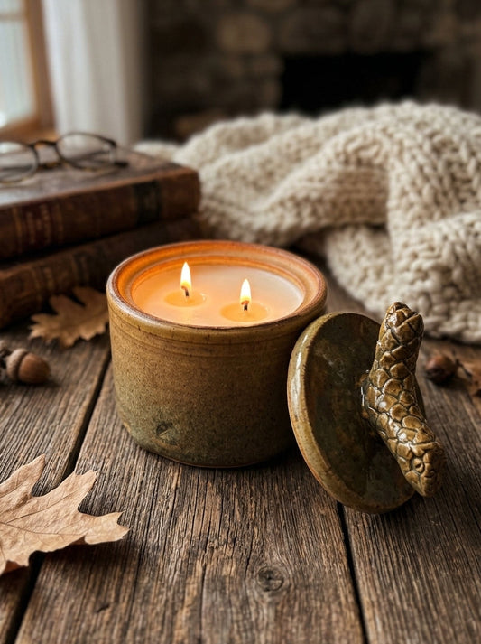 Lidded Tan Pot w Multi Specs of Color, 2 Wick 10oz Soy Wax Vanilla Pumpkin Marshmallow, Pottery Vessel Candle