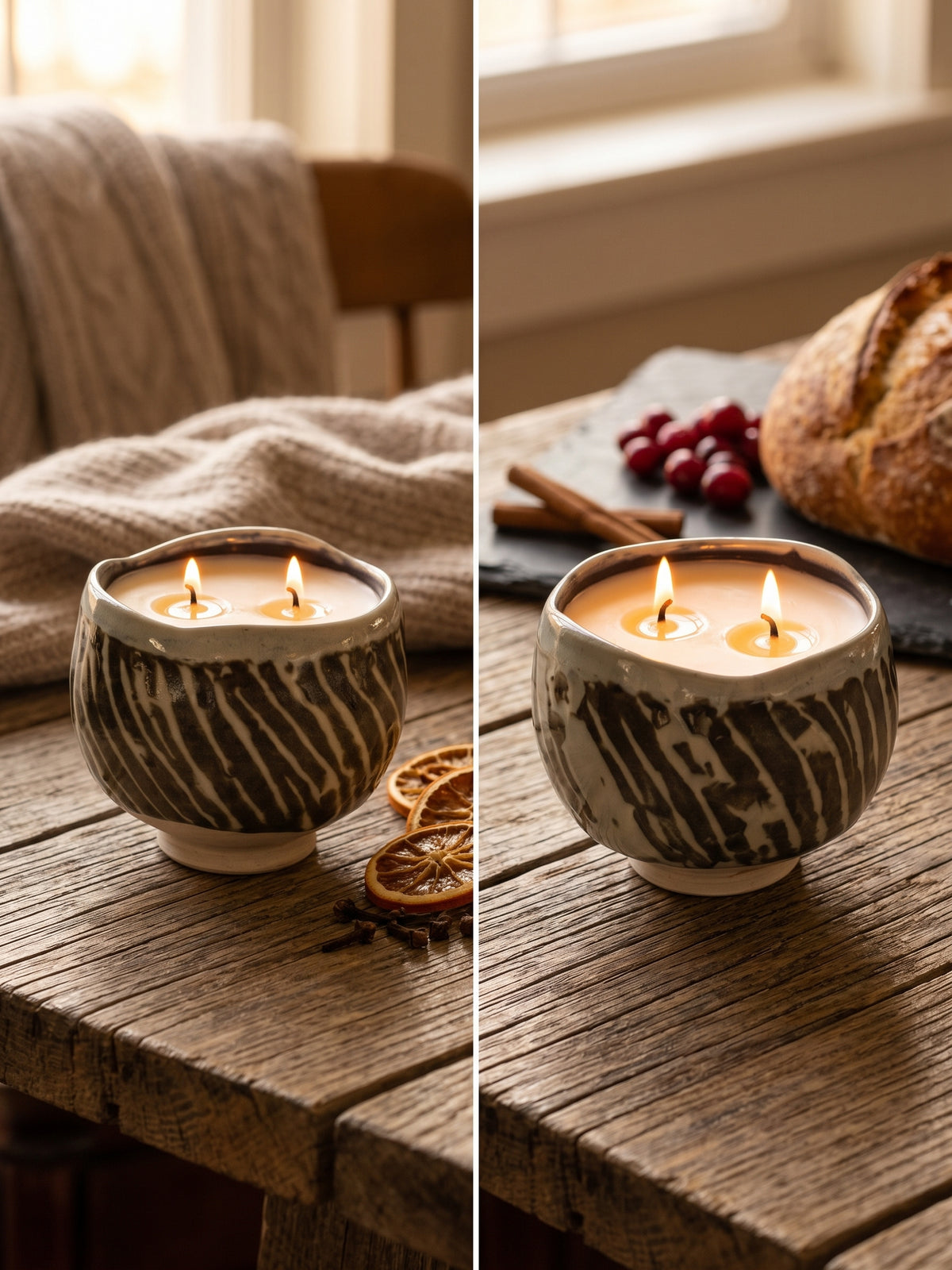 Brown and Cream Zebra Stripe, 2 Wick 7oz Soy Wax Orange Cranberry, Pottery Vessel Candle