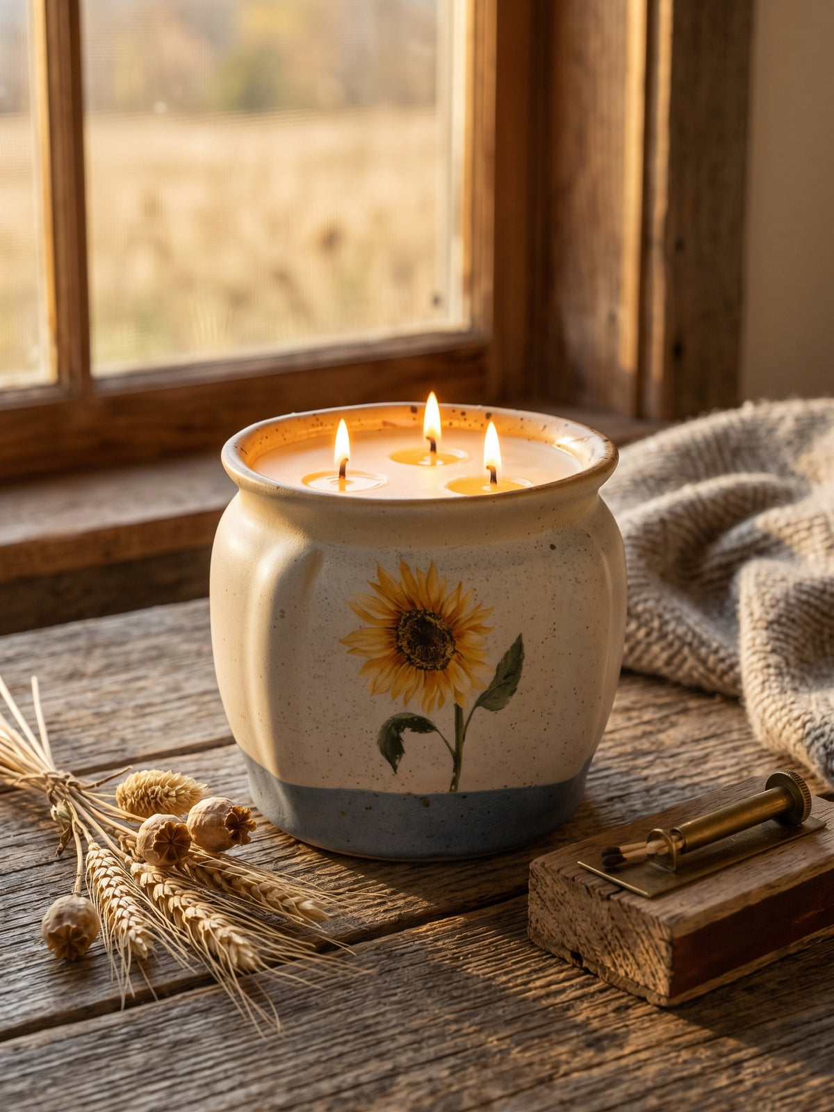 Cream, Blue Sunflower, 3 Wick 22oz Soy Wax Pottery Desert Frost, Pottery Vessel Candle