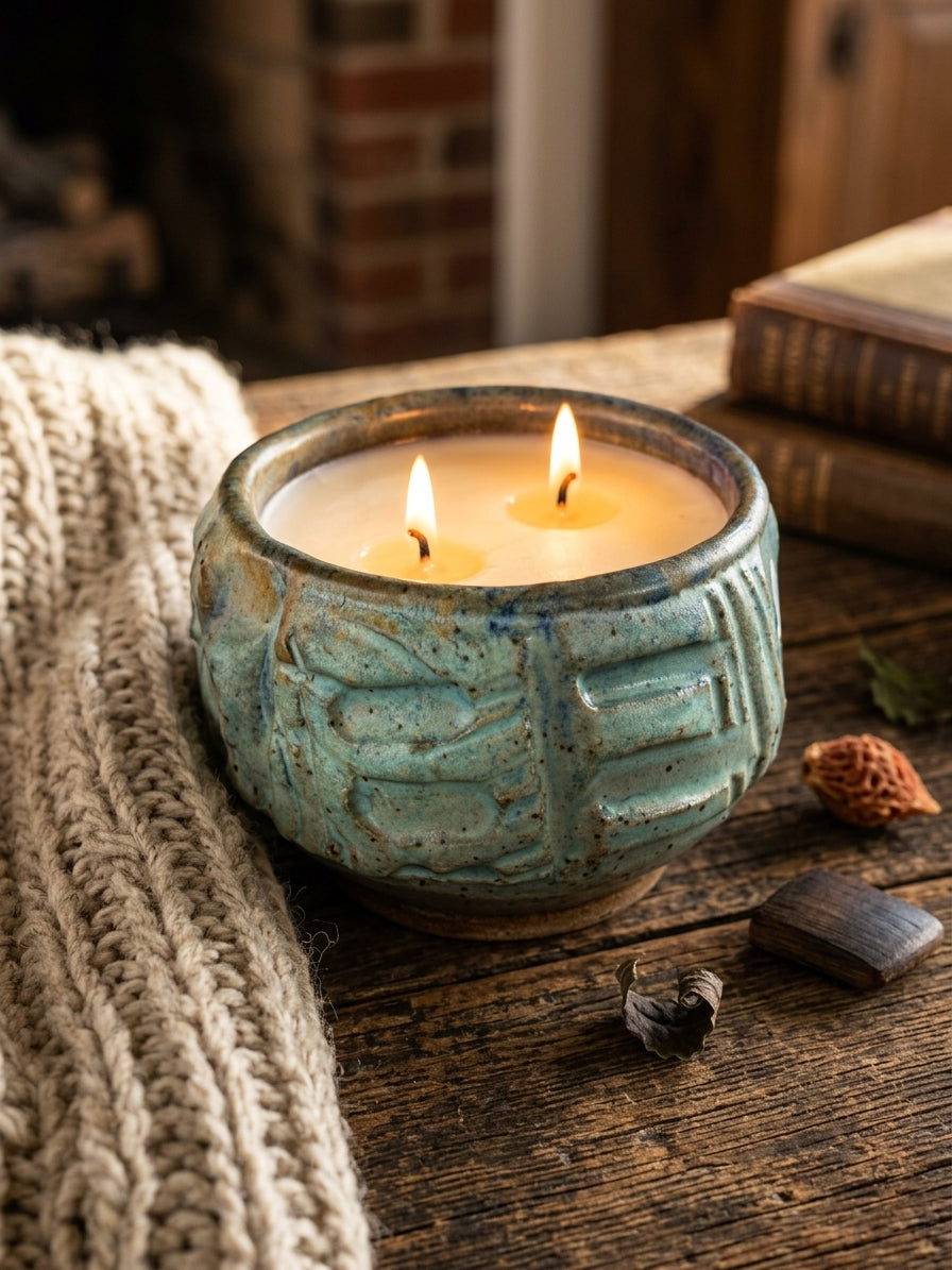 Organic and Rustic, Blue Green, 2 Wick 9oz Soy Wax Havana Nights, Pottery Candle Vessel