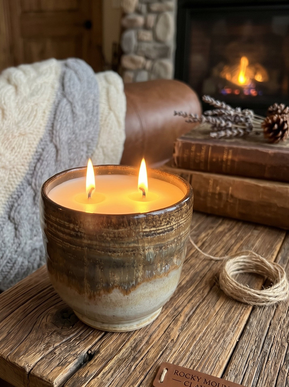 Tan/Brown/Cream Hombre Affect, 2 Wick 12oz Soy Wax Orange Cranberry, Pottery Vessel Candle