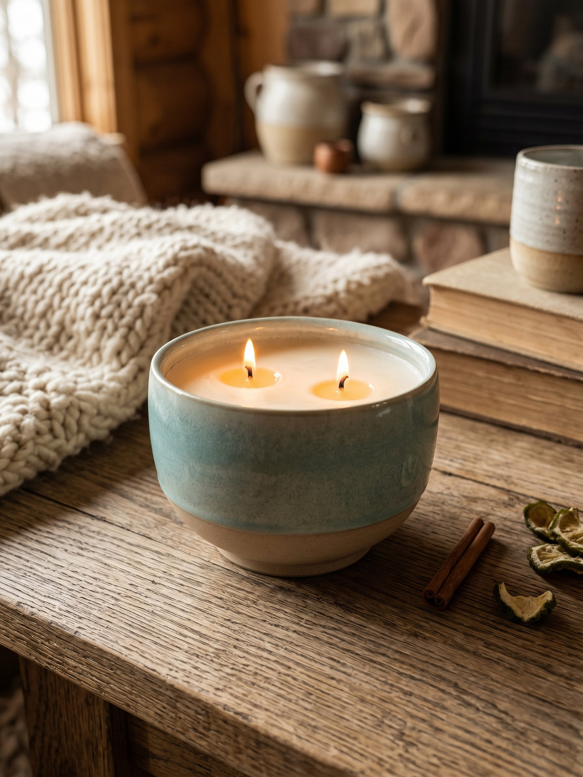 Light Mint Green Bowl, 2 Wick 11oz Soy Wax Lemon Biscotti, Pottery Vessel Candle