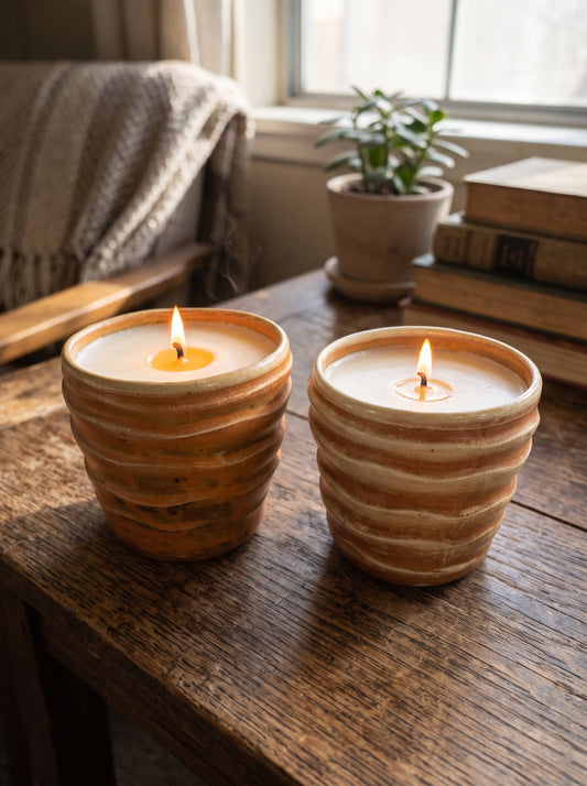 Orange waves, 2 Wicks 12 oz Soy Wax The Tides "Beachy," Pottery Vessel Candle