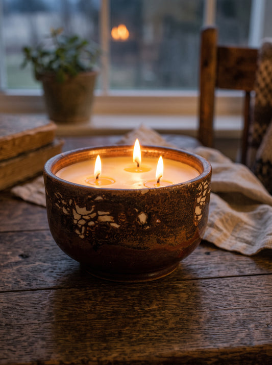 Warm Multi Colored Bowl, 3 Wick 17 oz Soy Wax The Tides "Beachy" Fragrance, Pottery Vessel Candle