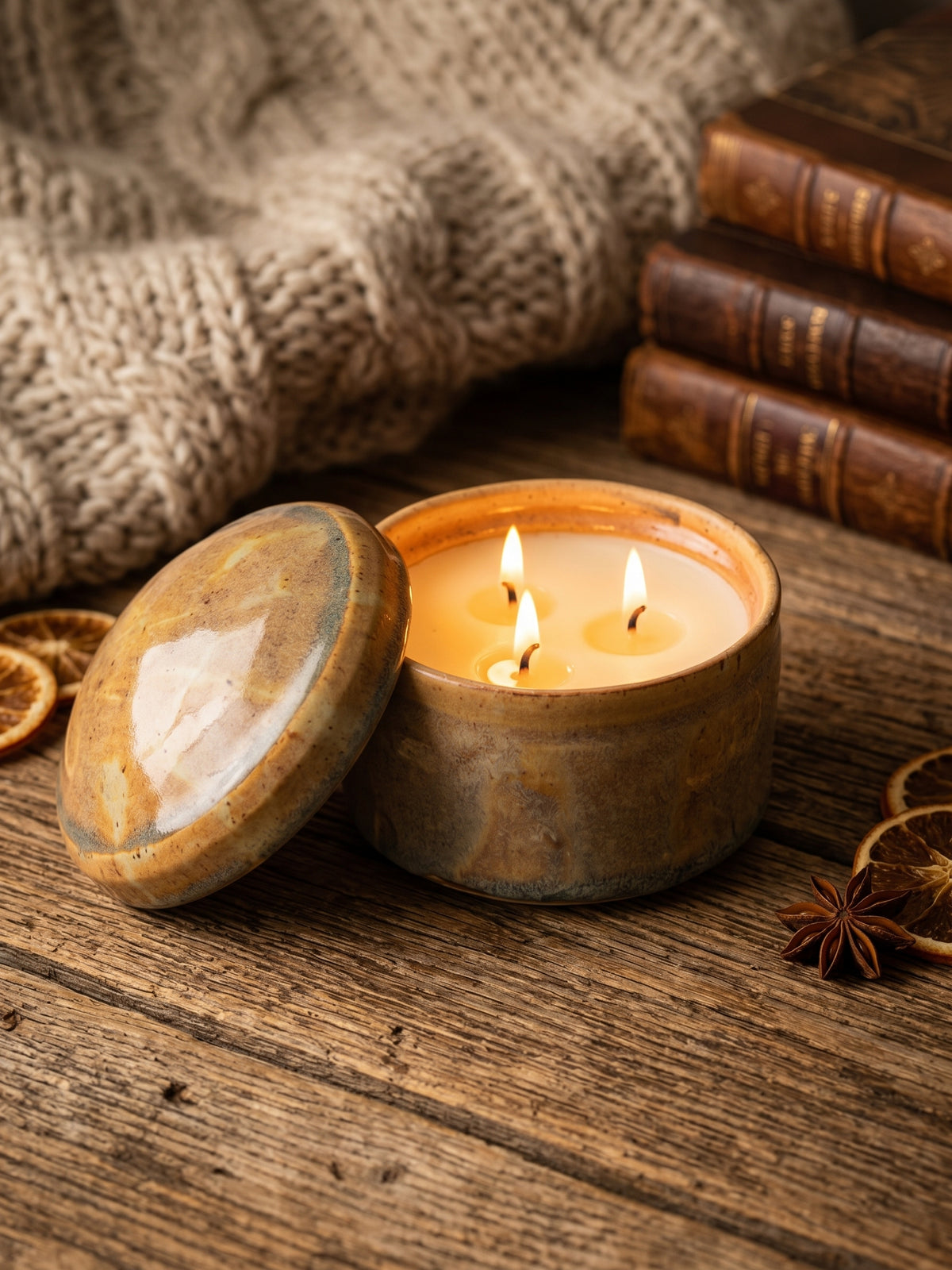Lidded Tan/ Multi, 3 Wick 7 oz Soy Wax Orange Cranberry, Pottery Vessel Candle