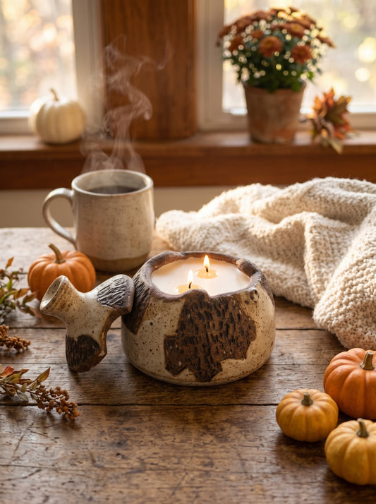 Lidded Rustic Bowl, 2 Wick 14oz Soy Wax Pumpkin Marshmallow, Pottery Vessel Candle