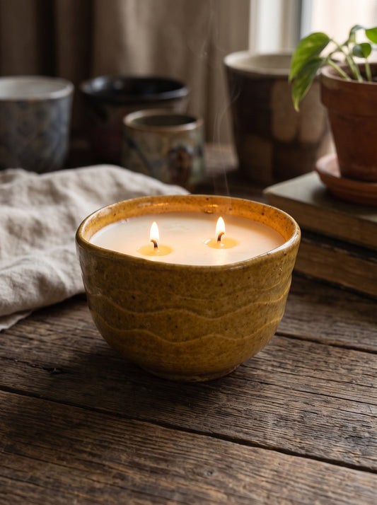 Rustic Dark Yellow Waves, 2 Wick 10 oz Soy Wax The Tides Fragrance "Beachy," Pottery Candle Vessel