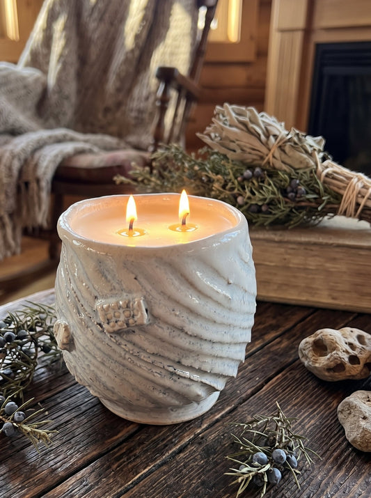White Navy/Black Highly Swirled Texture, 2 Wick 14oz Soy Wax Desert Frost, Pottery Vessel Candle
