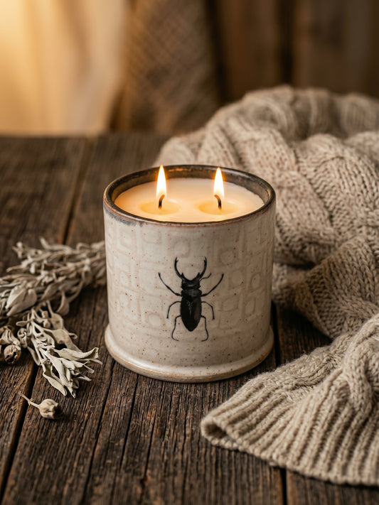 Cream and Light Pink Beetle, 2 Wick 13oz Soy Wax Desert Frost, Pottery Candle Vessel