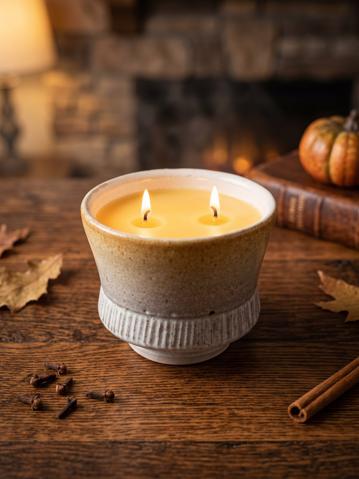 Cream/Tan Round Flared, 13oz Soy Wax Vanilla Pumpkin Marshmallow, Pottery Vessel Candle