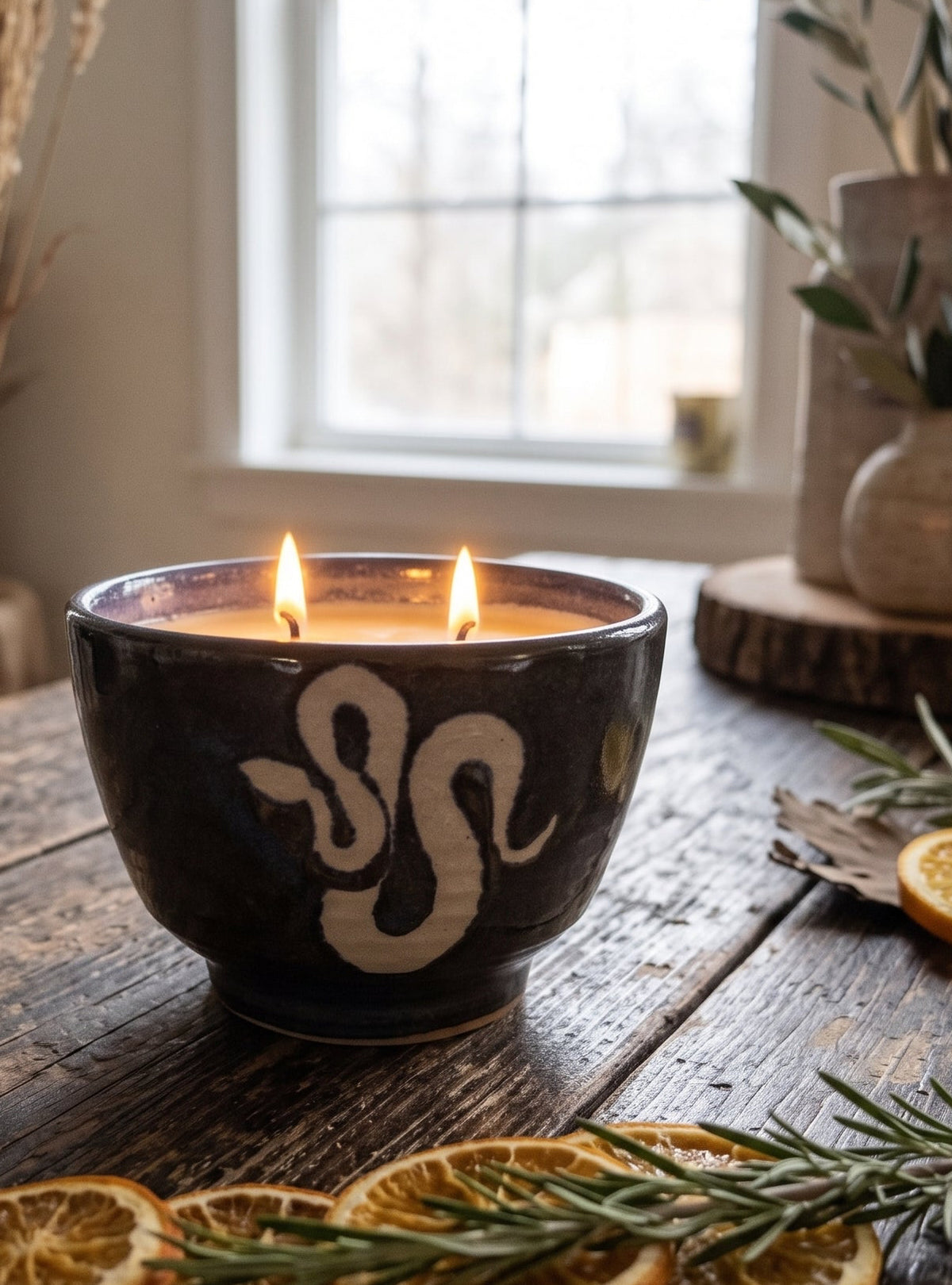 Deep Blue Hombre Snake, 2 Wick 11.5 oz Soy Wax Savana Nights, Pottery Vessel Candle