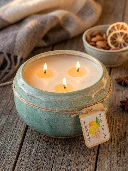 Blue Green Textured Bowl, 3 Wick 14oz Soy Wax Lemon Biscotti, Pottery Vessel Candle