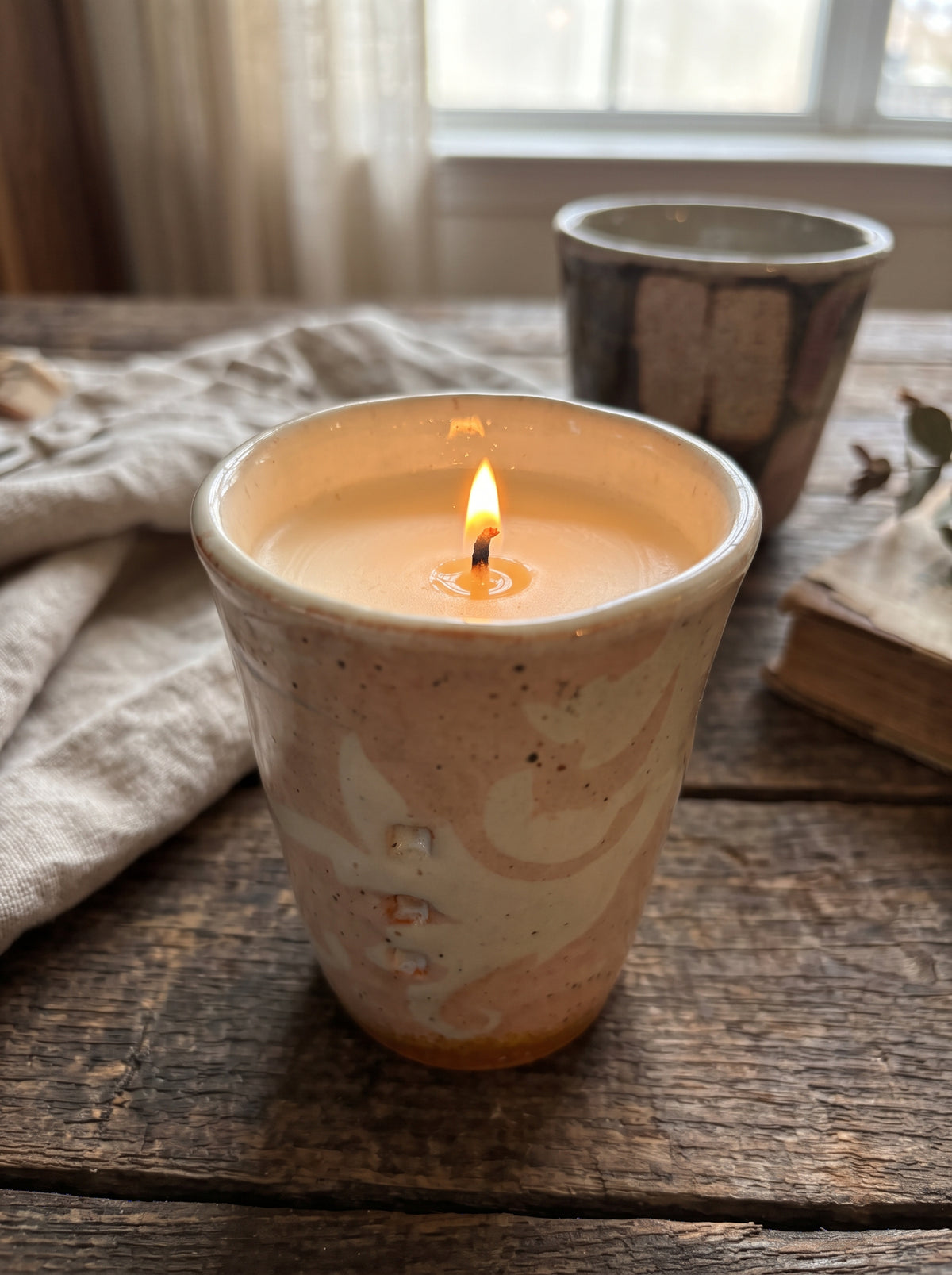 Cute Small Pink Vine, 1 Wick 7 oz Soy Wax The Tides "Beachy," Pottery Candle Vessel