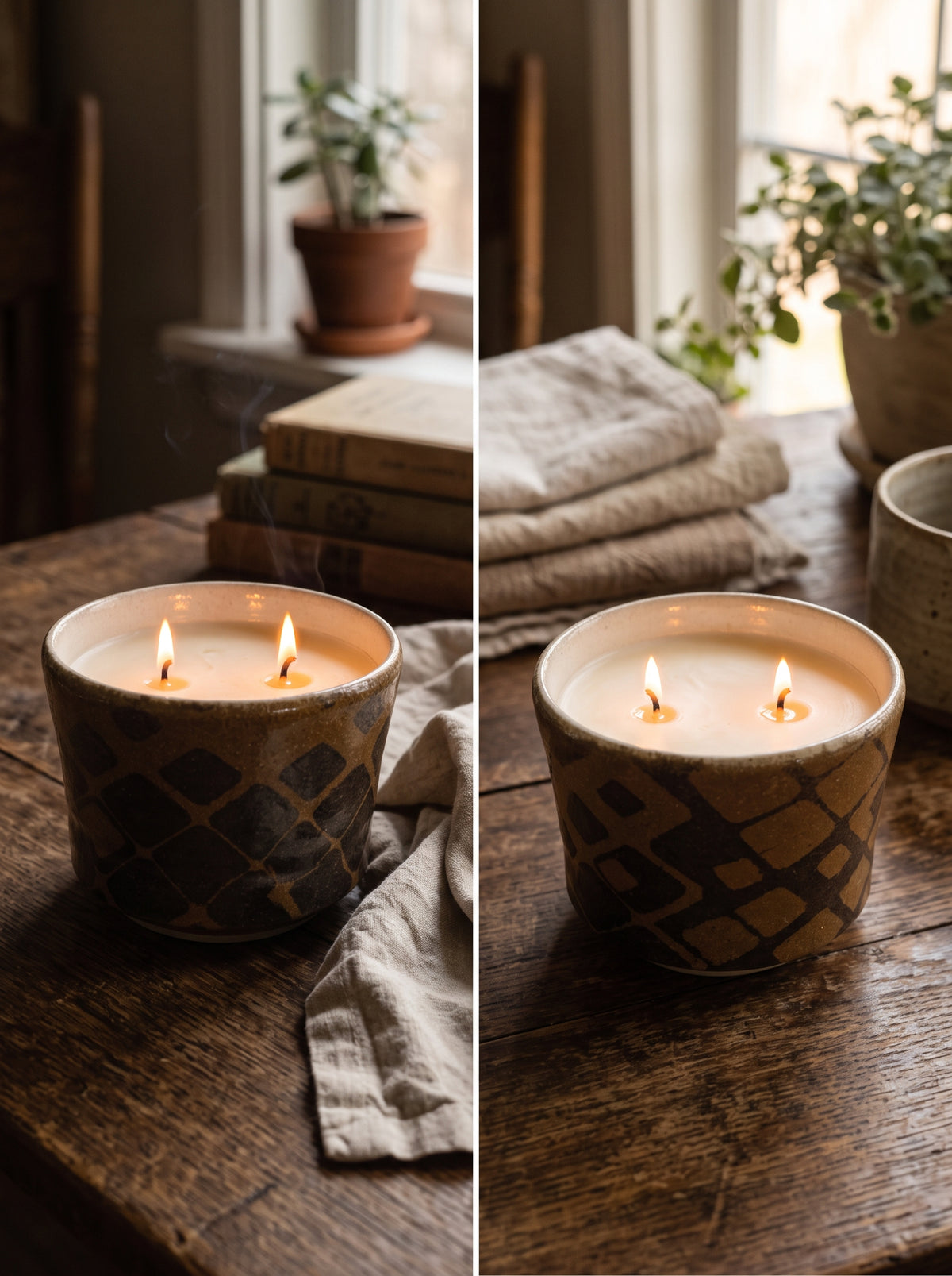 Brown Diamond Straight Sided, 2 Wick 11 oz Soy Wax The Tides Fragrance "Beachy," Pottery Candle Vessel