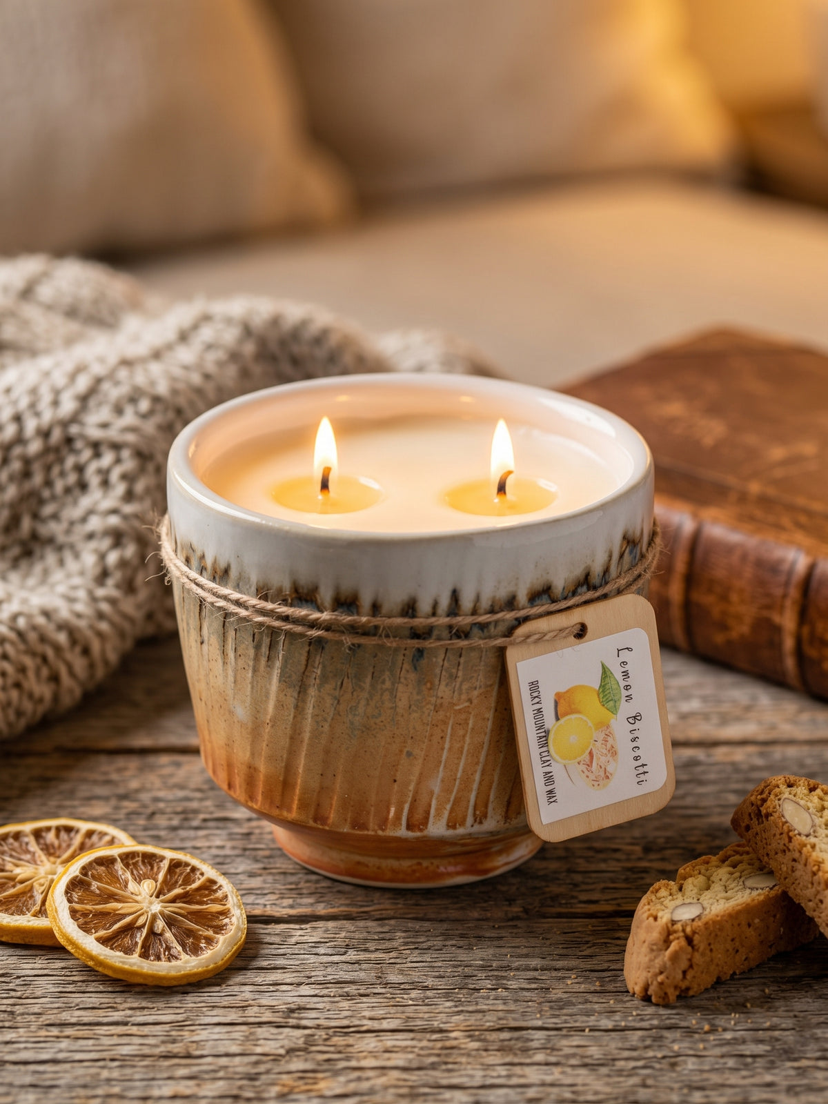 Cream/Brown/Terra Cotta w Textured Stripes, 2 Wick 13oz Soy Wax Lemon Biscotti, Pottery Vessel Candle