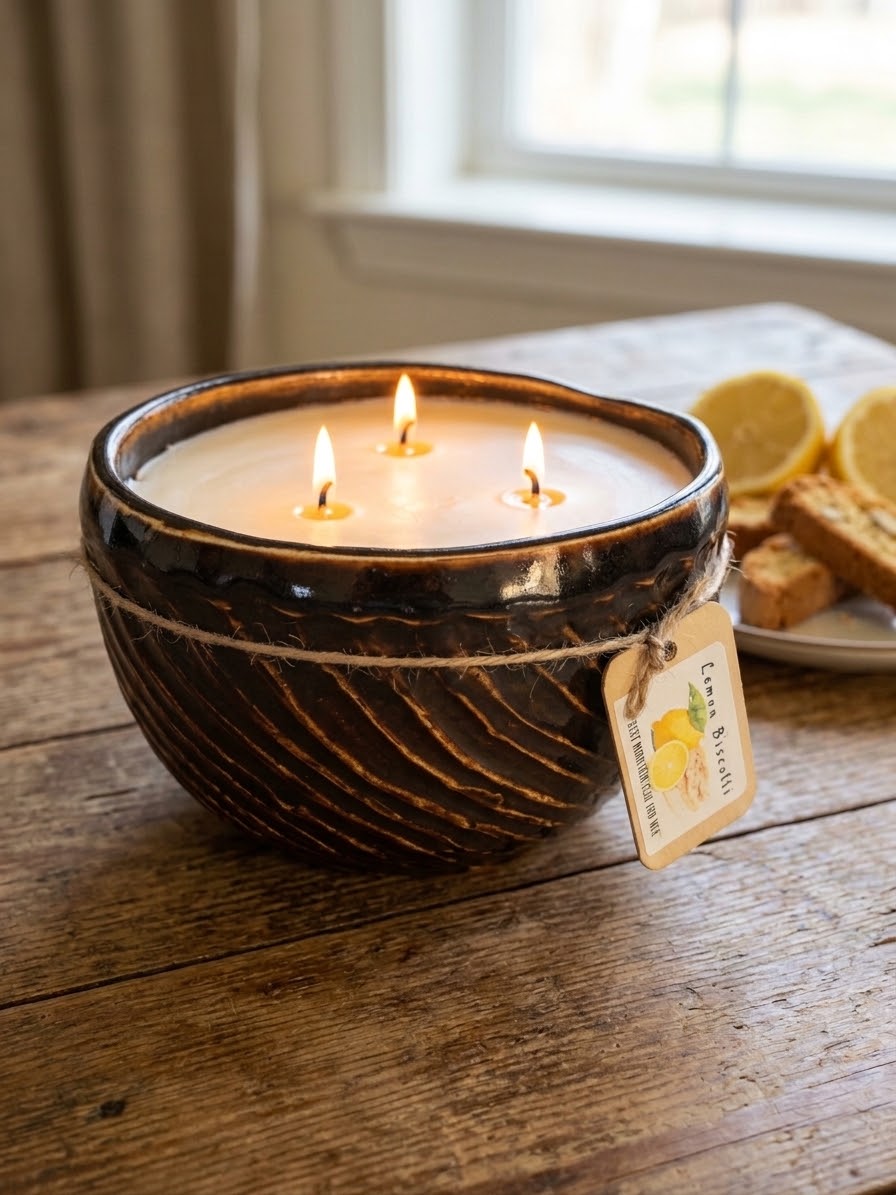 Deep Brown Textured 3 Wick 28oz Soy Wax Desert Frost, Pottery Vessel Candle