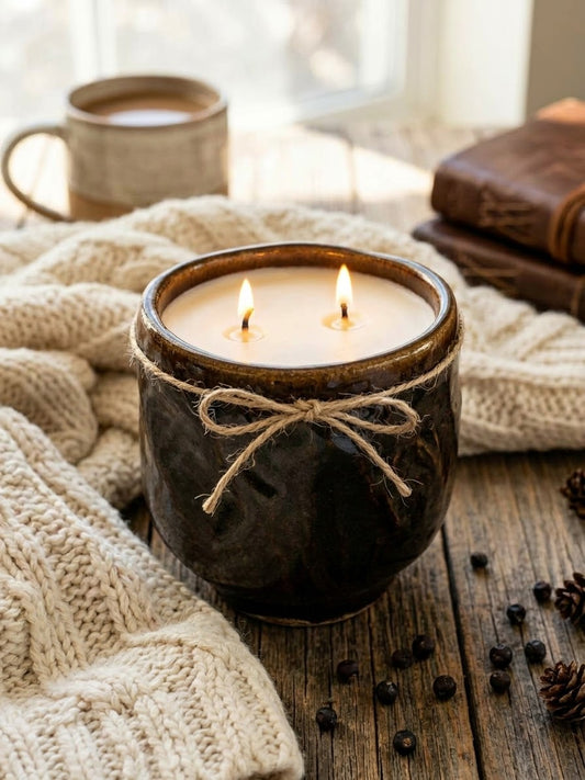 Deep, Rich Brown, 2 wick 13oz Soy Wax Desert Frost, Pottery Vessel Candle