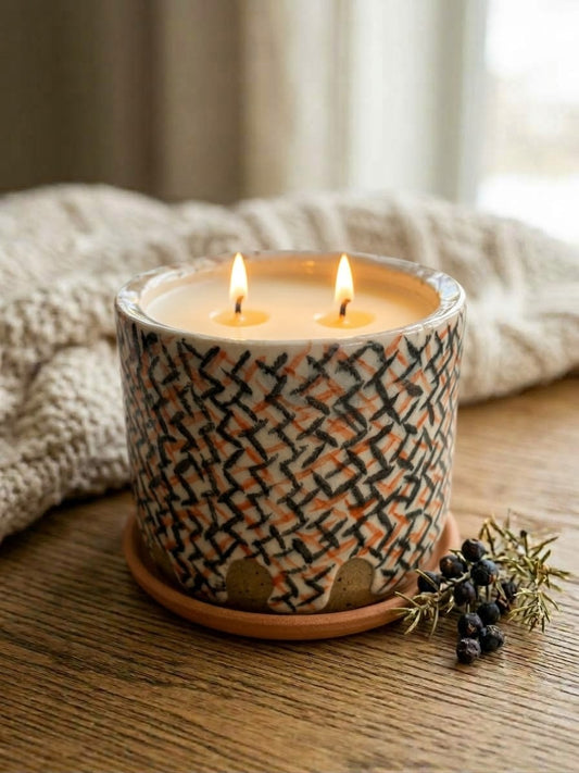 Whimsical Orange Black and Cream, 2 wick 15oz Soy Wax Desert Frost, Pottery Vessel Candle