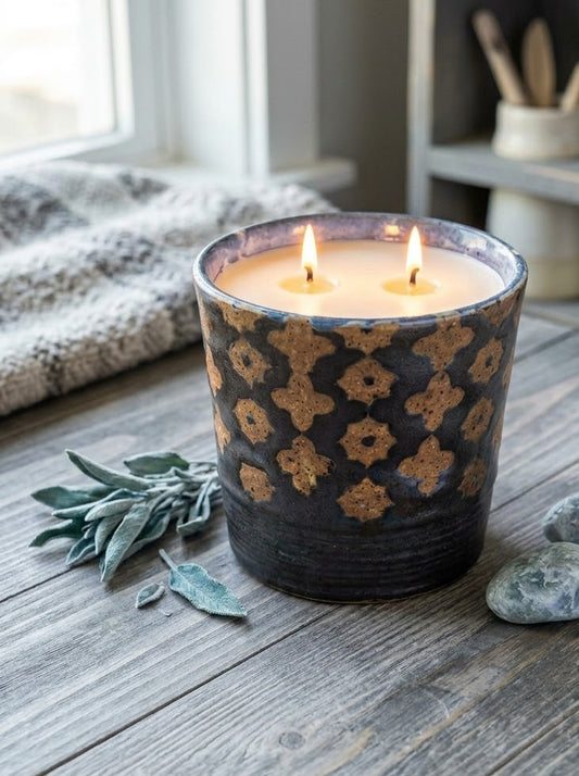 Hand Painted Rustic Design, 2 Wick 17oz Soy Wax Desert Frost, Pottery Vessel Candle