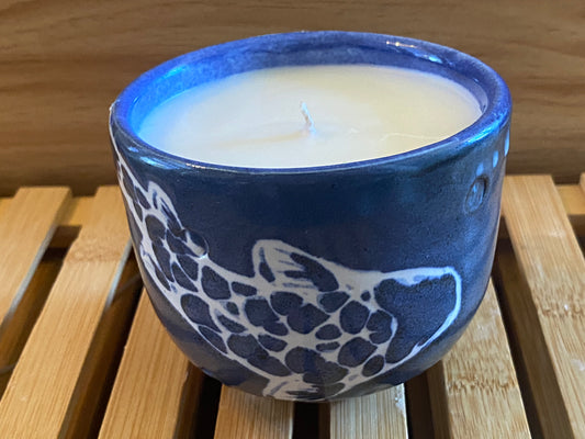 Handcrafted, Wheel-Thrown Container Candle- Medium Blue Coy Vessel- 8.5oz Luxury, Long-Burning Soy Wax- Phthalate Free Fragrance