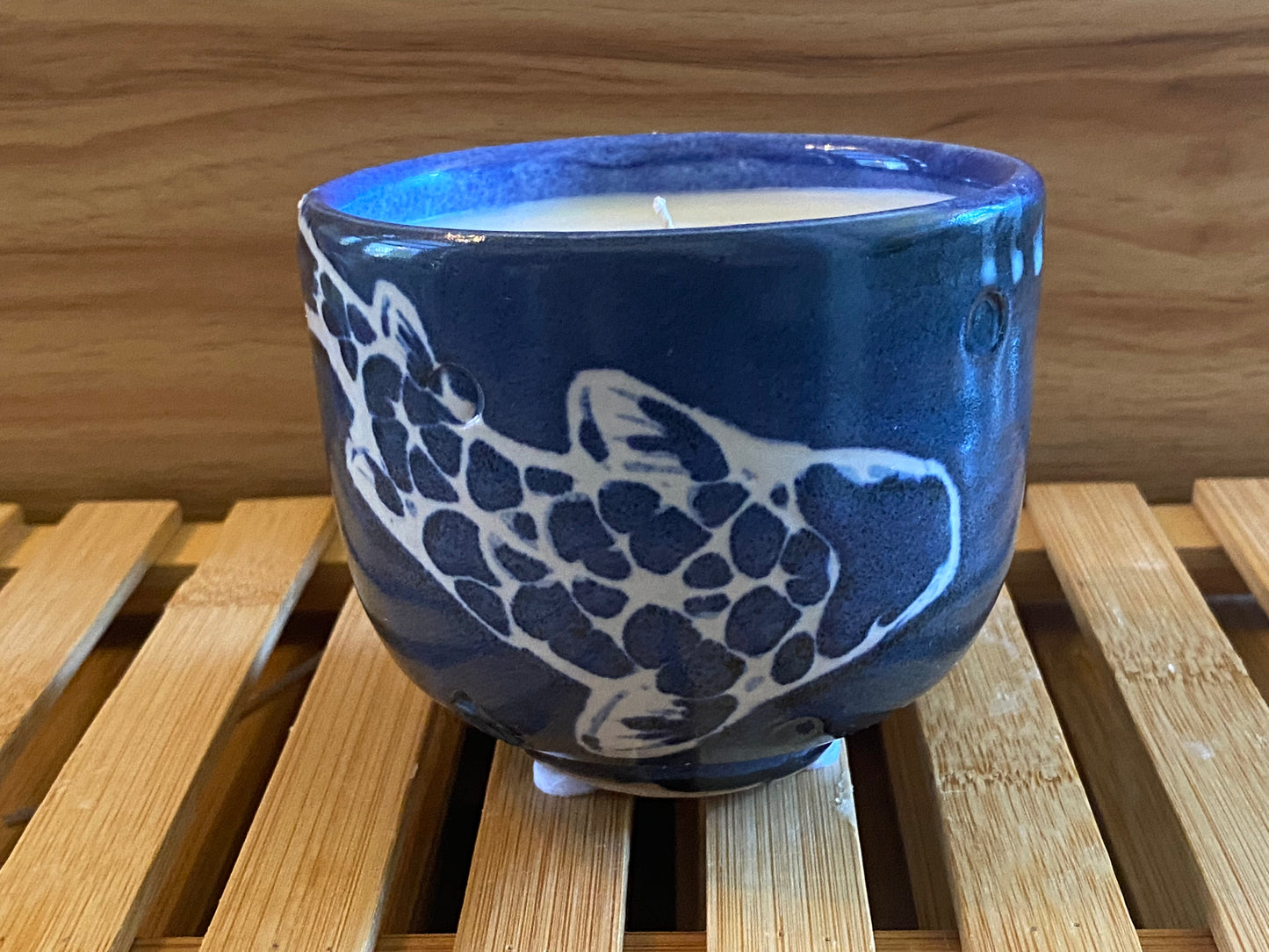 Handcrafted, Wheel-Thrown Container Candle- Medium Blue Coy Vessel- 8.5oz Luxury, Long-Burning Soy Wax- Phthalate Free Fragrance