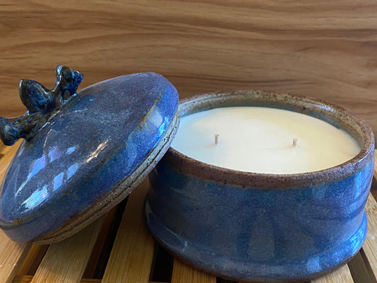 Handcrafted, Wheel-Thrown Container Candle- Medium Blue Vessel with Lid- 7.5oz Luxury, Long-Burning Soy Wax- Phthalate Free Fragrance